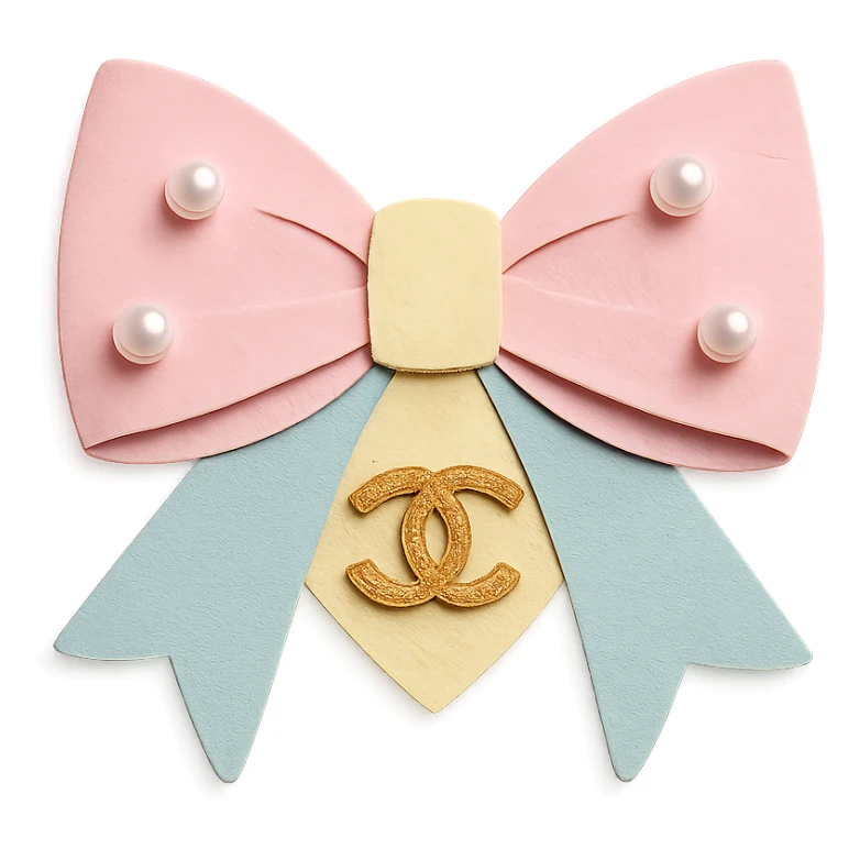 elegant bow with pearls and gold Chanel logo, glossy, pastel colors sticker