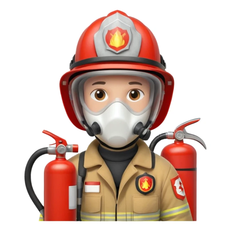 Firefighter with white respiratory protection white color helmet with fire extinguisher sticker