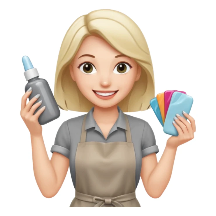 female nail master with buff and gel polish in hand in grey apron  sticker