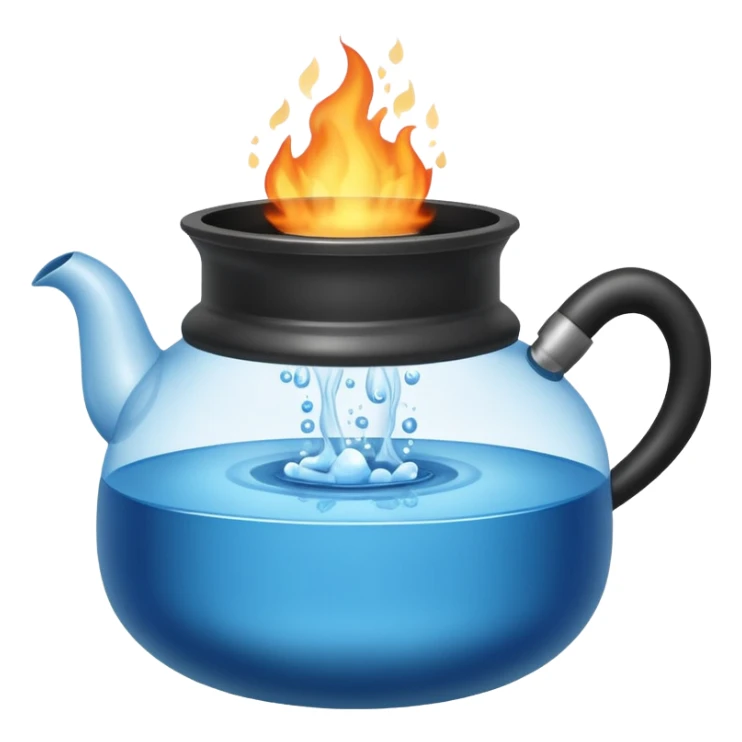  a small pot or kettle filled with water placed on fire, the water is boiling intensely with visible steam and bubbles rising, bright lighting, clean white background sticker