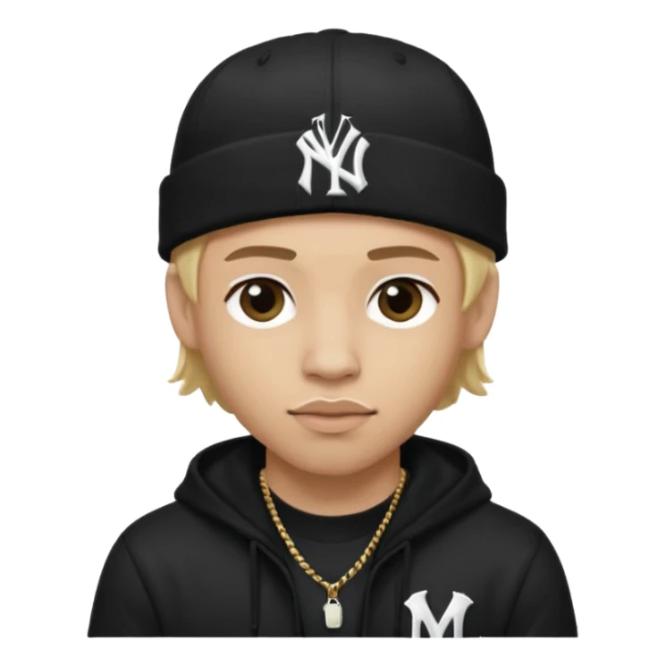 rapper da trắng, tóc vàng, full đen, có mũ len hãng MLB, đẹp trai
 sticker