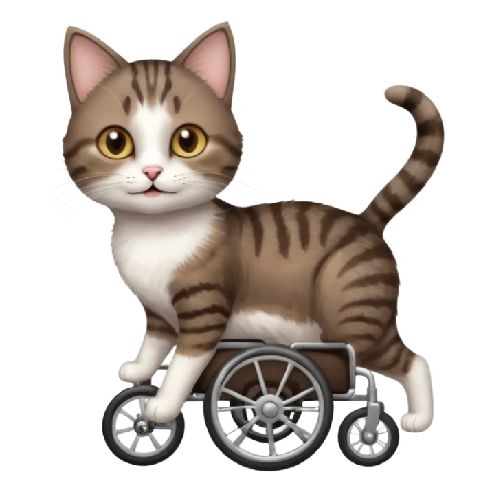 full body small short hair dark brown and white cat with hazel eyes walking in a wheelchair for cats sticker
