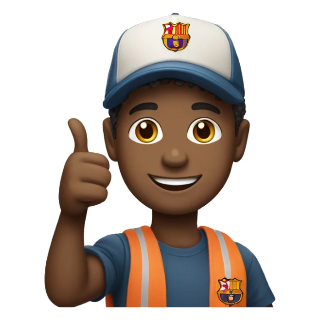 smiling boy in stylish outfit Barcelona cap showing thumbs up sticker