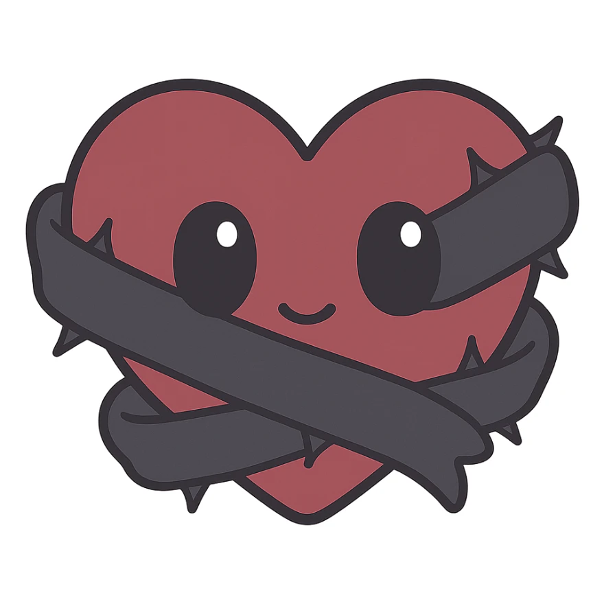 kawaii heart emoji wrapped in black silk ribbon with thorns piercing slightly through, no text, quiet possession, subdued and symbolic, cold romantic tone, muted color palette of gray and deep red, suitable for discord icon size sticker