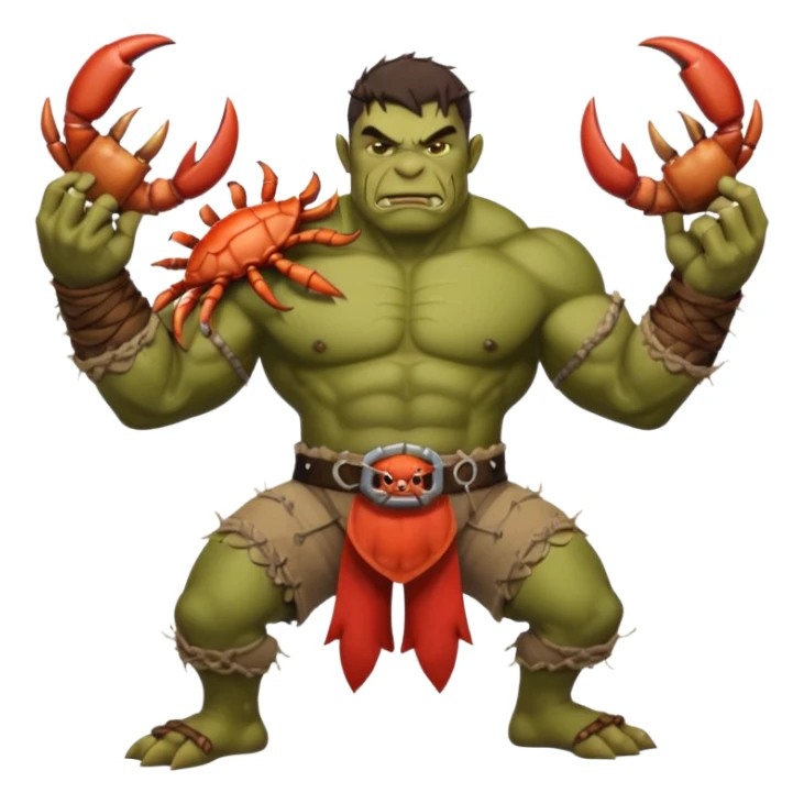 orc male flexing with giant crab. Torn net shorts, claw trophy belt sticker