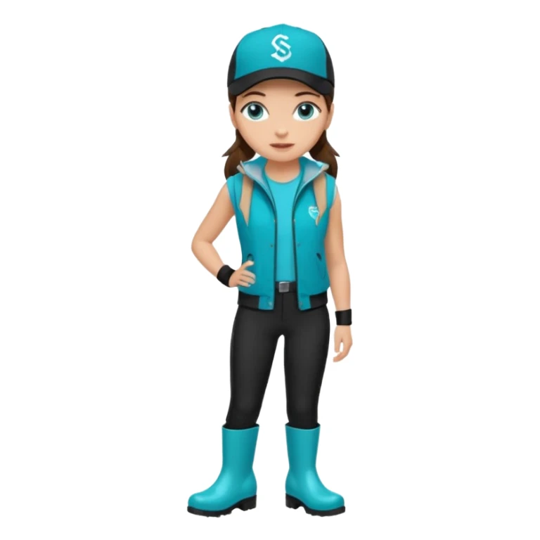 A landscaper in a beautiful turquoise jacket and turquoise rubber boots, black pants, and a black sleeveless shirt. On her head is a black color Swissotel baseball cap. The girl is a brunette with blue eyes. sticker