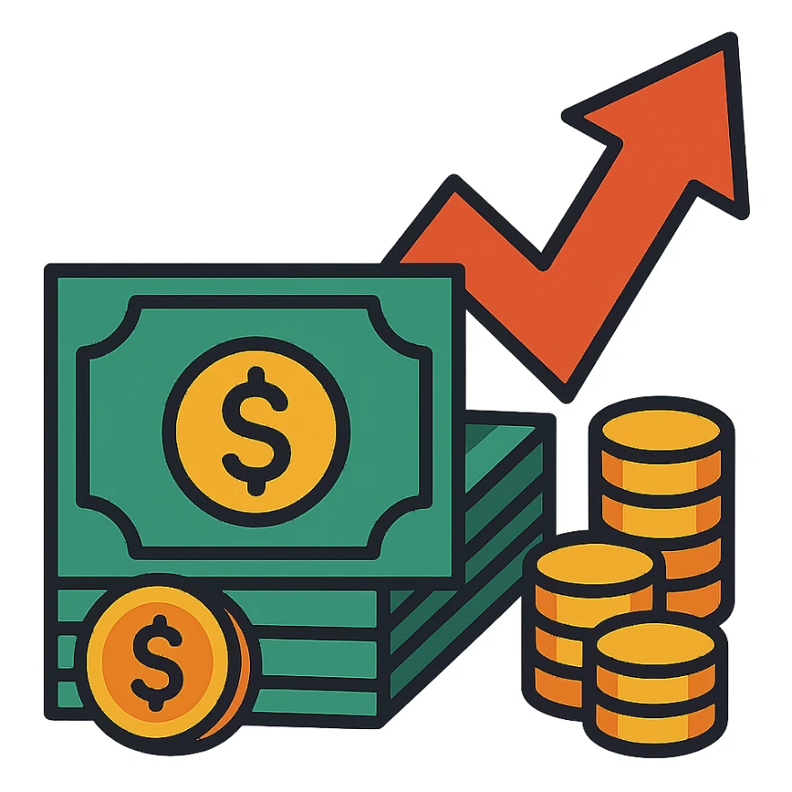 investment concept with upward arrow and money, with a different background sticker