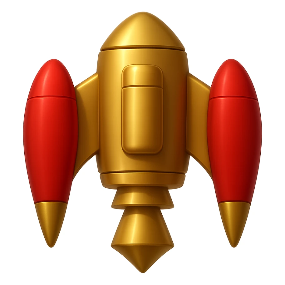 Create a back view of a gold ancient wide jetpack with very shoulder wide side rocket projectiles, no fire, with an apple style emoji look. The jetpack should have a clean, polished gold appearance. Remove the background. sticker