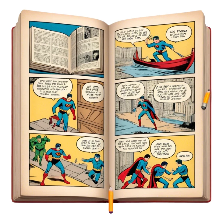 Create a detailed emoji representing the process of writing texts for comic books. The design should feature a large, open comic book with vintage comic strips visible on its pages. A pencil should be shown writing text on one of the comic panels, but without a hand. The pencil should appear as though it is actively creating the dialogue or narration. Use a classic color palette with muted tones for the comic book and brighter accents on the pencil to draw attention to the writing process. Do not include any emojis or smiley faces. Make the background transparent. sticker