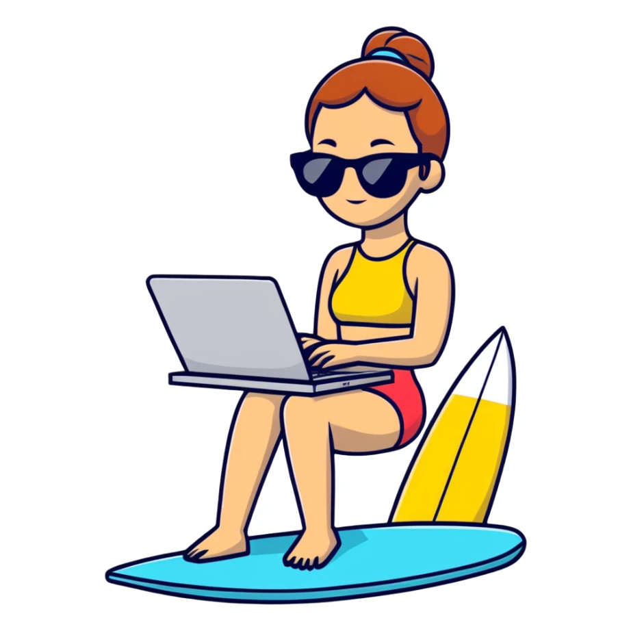 a woman wearing sunglasses standing on a surfboard while working on her laptop sticker