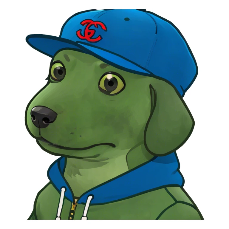 Hund mit blauen hoodie und gucci kapı sticker