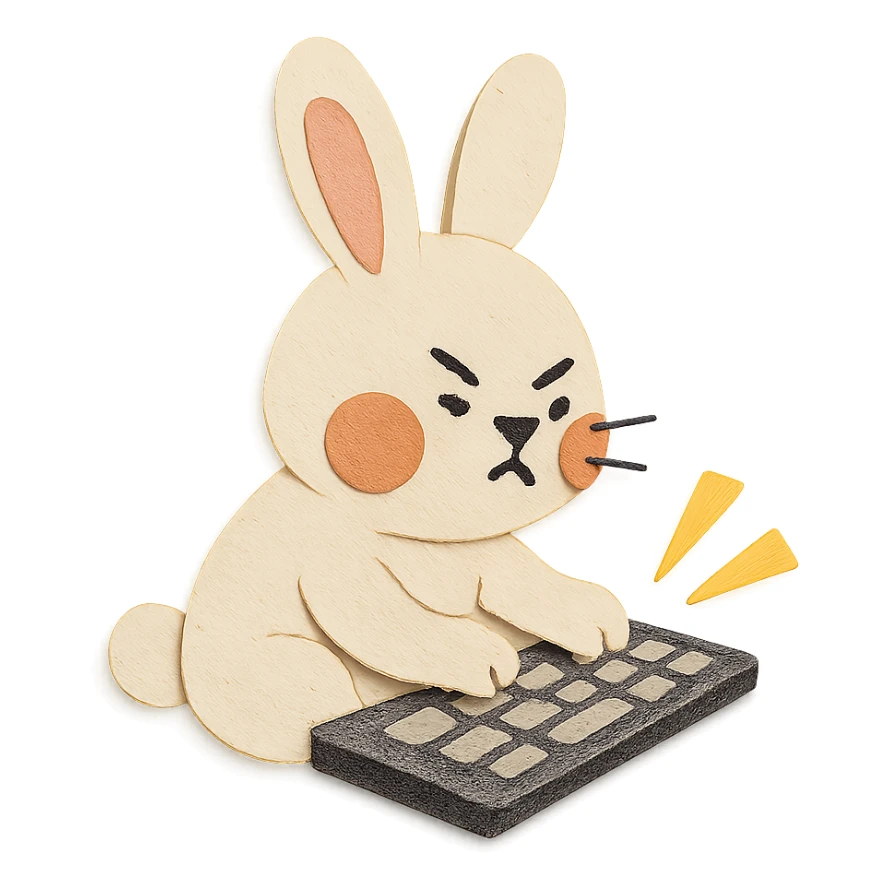 full-body vanilla bunny typing fast on a keyboard, cheeks puffed, paper-craft style sticker
