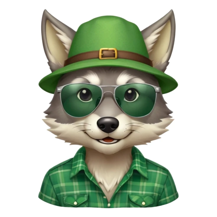 head and shoulders friendly anthropomorphised wolf in green plaid shirt and green attire for St. Patrick's Day, wearing dark sunglasses, upright pose sticker