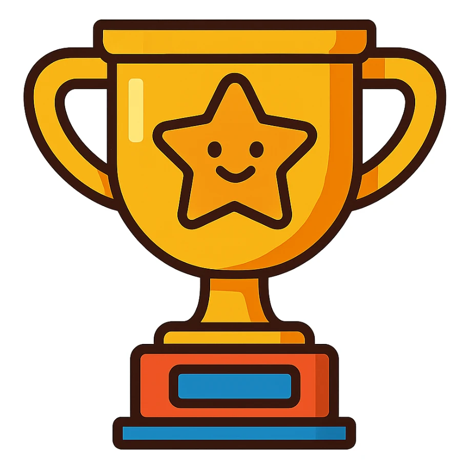 cartoon style trophy with a big star on it, cheerful, bold lines sticker