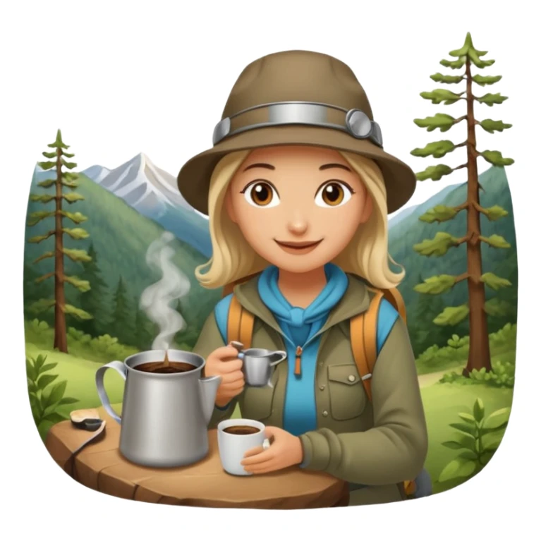 A cheerful female camper brewing coffee in a small metal pot sitting sticker
