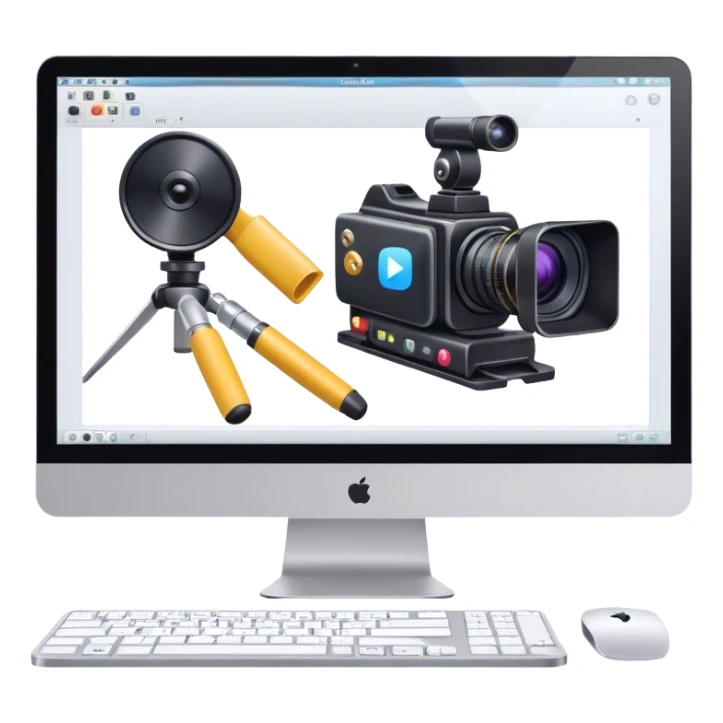 Create an emoji of video editing. Should feature a video editing timeline or interface on a computer screen, showing clips and a playhead. Include a video camera and editing tools. No any smiley faces in emoji. Make the background transparent. sticker