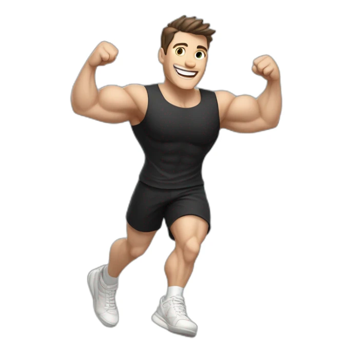 Joyful Celebrating victory Pale skinned Fit Man With the biceps and dark brown hair in black shirt, gray sports shorts and white Sneakers sticker