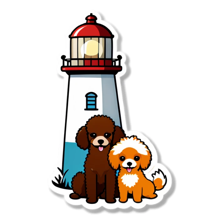 Lighthouse with one brown poodle and one Pomeranian sticker