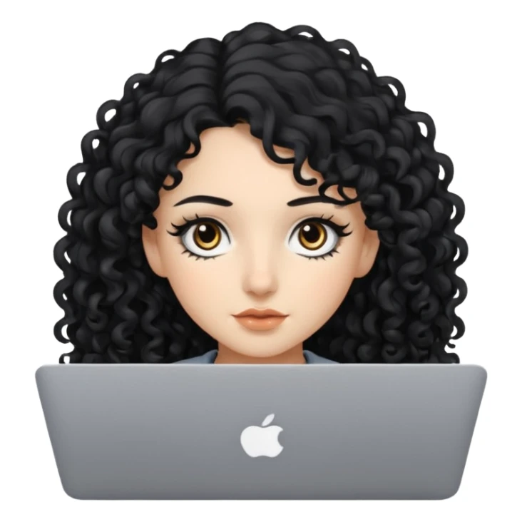 a girl using the mac book air with long black curly hair and brown eyes with winged black eyeliner sticker