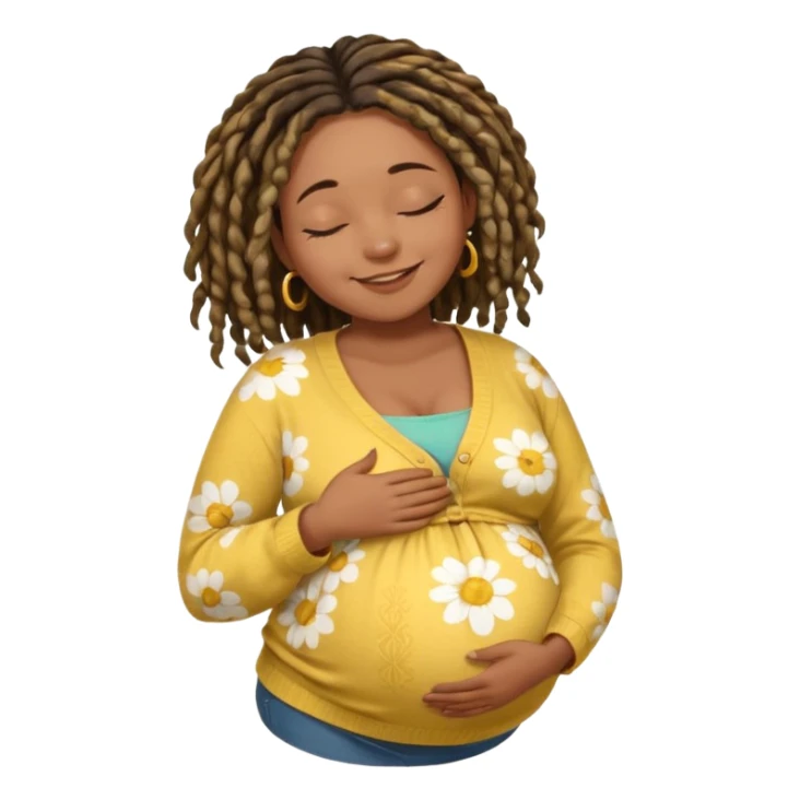 pregnant black woman with dread lock hair happily touching her big belly while wearing casual shirt and yellow warm  flowery cardigan closing her eyes and smile wamrly sticker