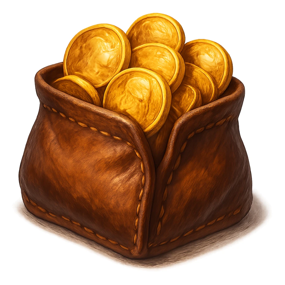 В cлегка рисованной, но при этом объемной и яркой стилистике сгенерируй картинку кожаного кошелька, из которого торчат натуральные фотореалистичные золотые монеты. Они должны выглядеть не как пластмассовые, а как настоящее золото. Прозрачный фон sticker