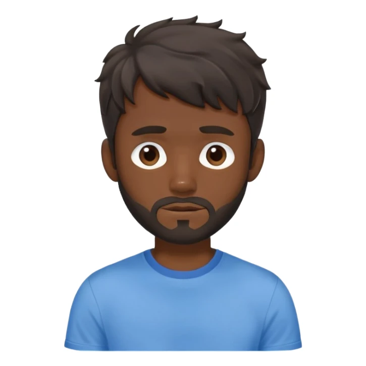 Man with longer dark brown wavy hair past ears with wavy bangs, short beard covering whole face, neutral expression, basic blue t-shirt sticker