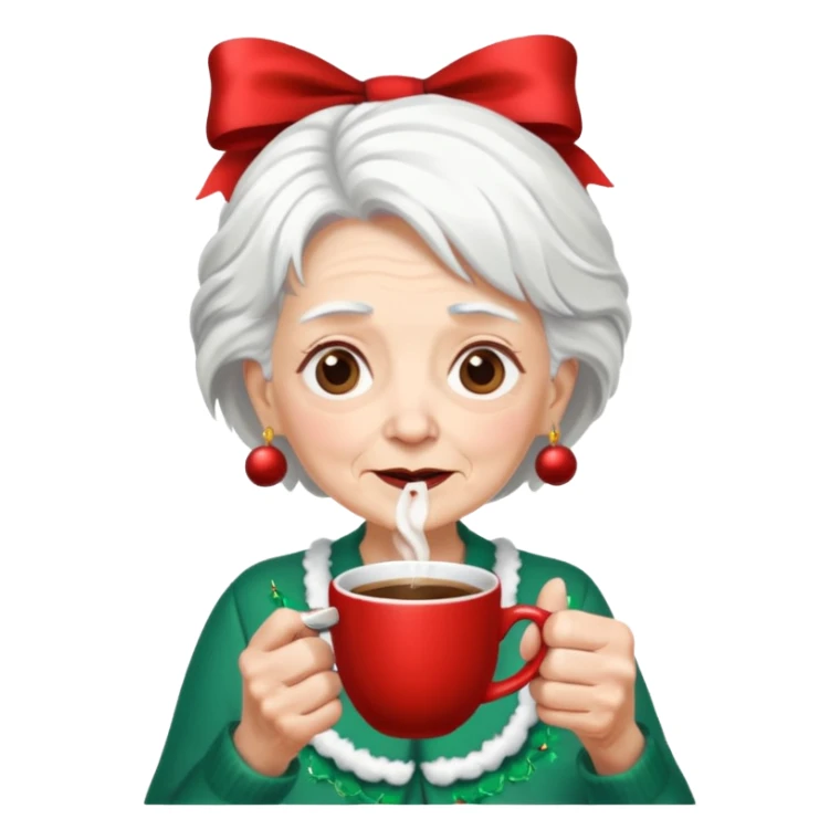Old lady with crazy hair and christmas bow drinking coffee sticker
