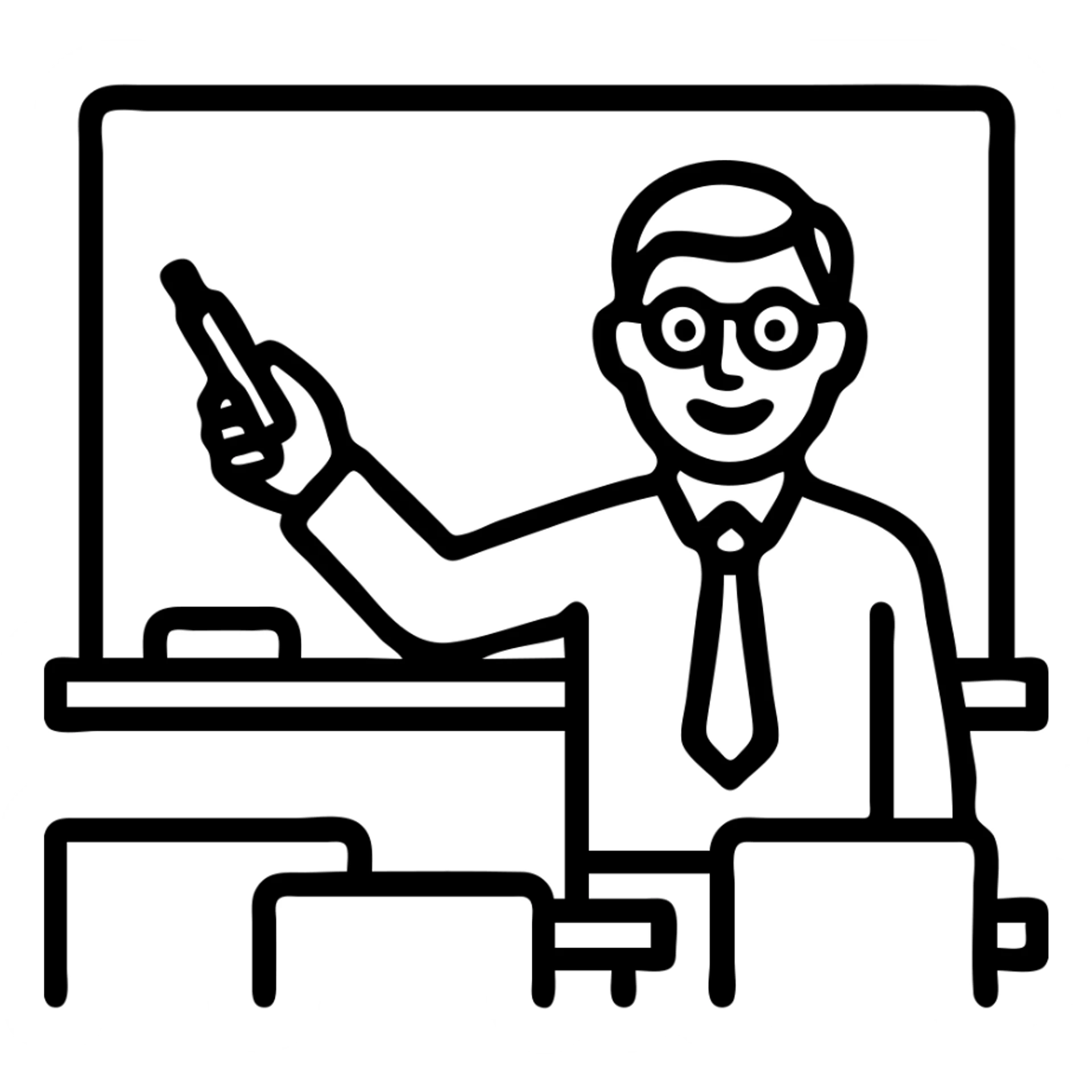 male teacher pointing at a white board, smiling, holding a marker, modern classroom, icon style sticker