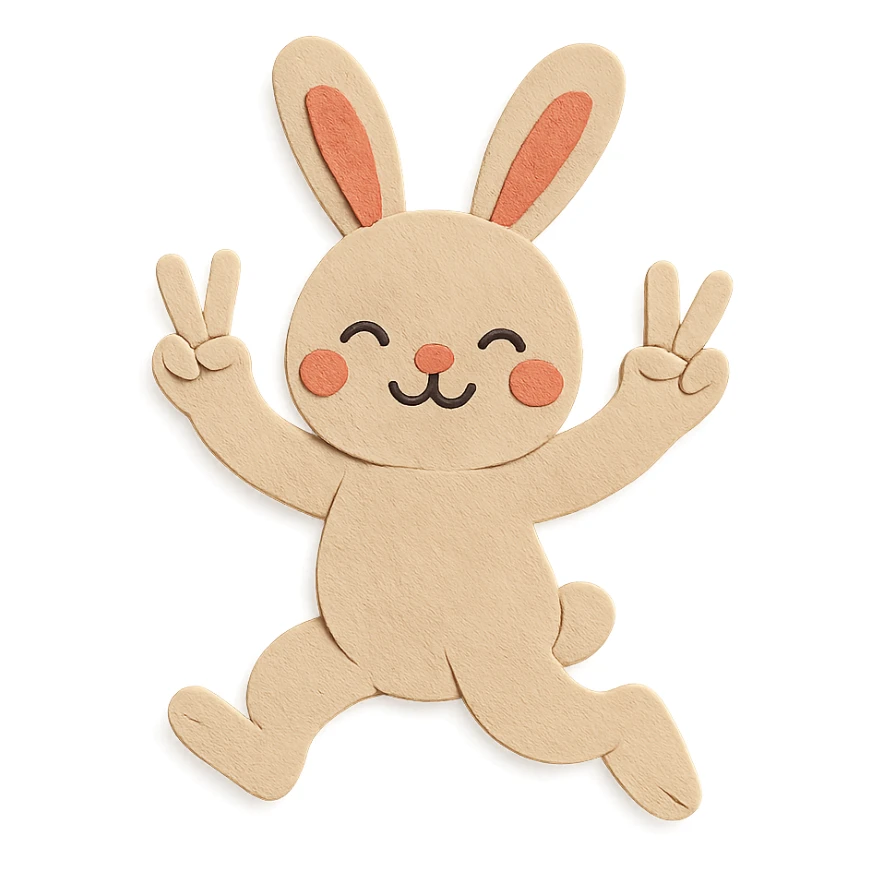 beige bunny jumping and making peace signs, paper craft style, textured paper look sticker