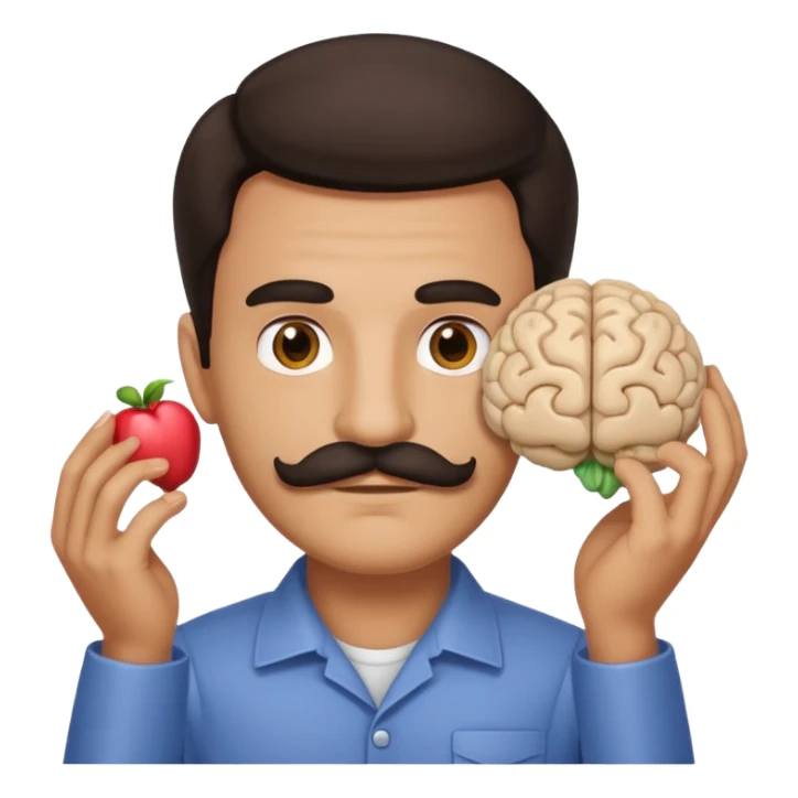 mustachioed man with dark hair holding a brain as an emoji sticker