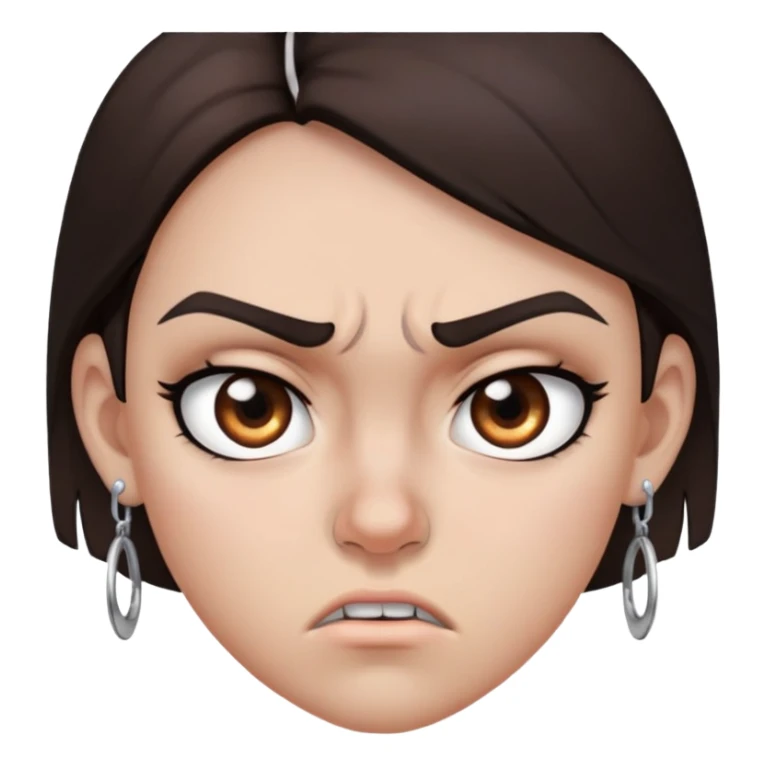 angry girl with dark brown hair below shoulders, grey eyes, earring on right side of nose, pierced ears sticker