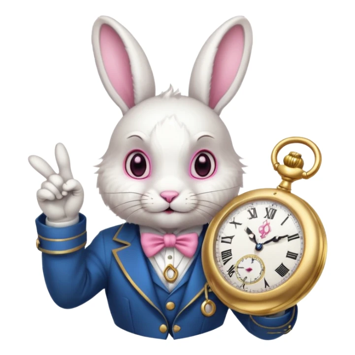 White rabbits pointing at a pocket watch sticker