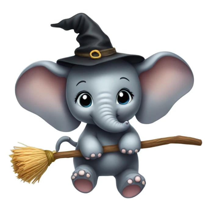 Baby ele flying on a broom with a witch hat sticker