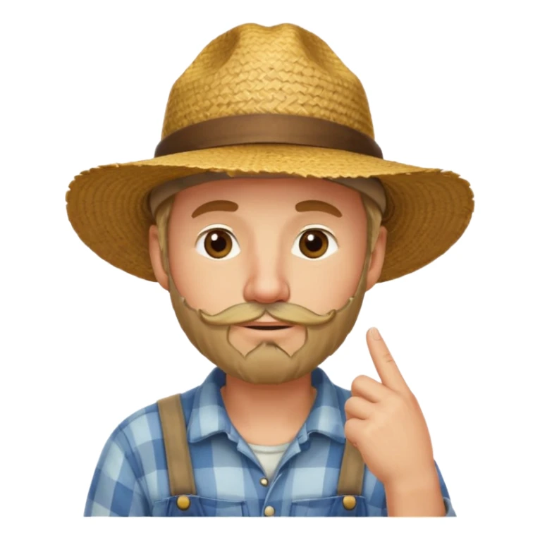 “A single emoji-style character combining 👨‍🌾😄 and 🤔: a smiling farmer man with a straw hat, friendly face, and light beard, holding one hand under his chin in a thinking gesture. His index finger rests under his face, eyes looking slightly upward as if thinking.  sticker