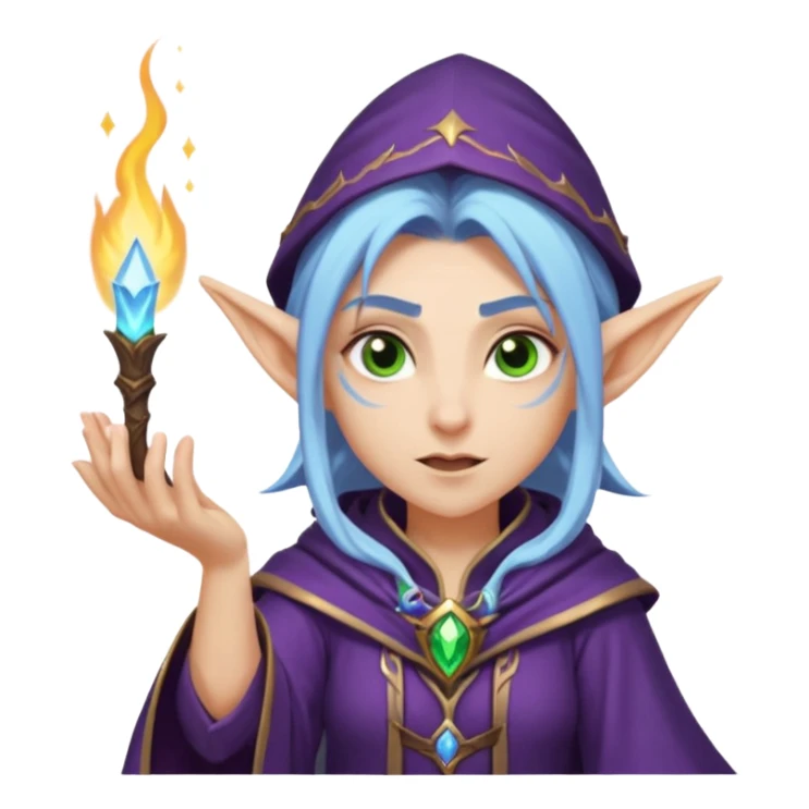 night elf mage, simplified and bold, clear facial expression, casting a spell, fun and readable at small size, sized and composed for Twitch emoji, no text sticker