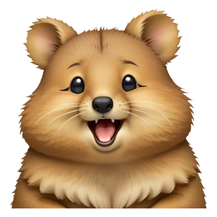 cinematic-realistic  yawning quokka-emoji,-small-round-frame, head tilted in an endearing manner, wouth wide open yawning, sleepy comical smile, round fluffy cheeks, giant-fluffy-cheeks-large-smile-fluffy-brown-fur-radiating-a-warm-softness,-big-round-eyes-filled-with-joy, realistic round  fluffy zoomed in, large black eyes one paw raised in the air sticker