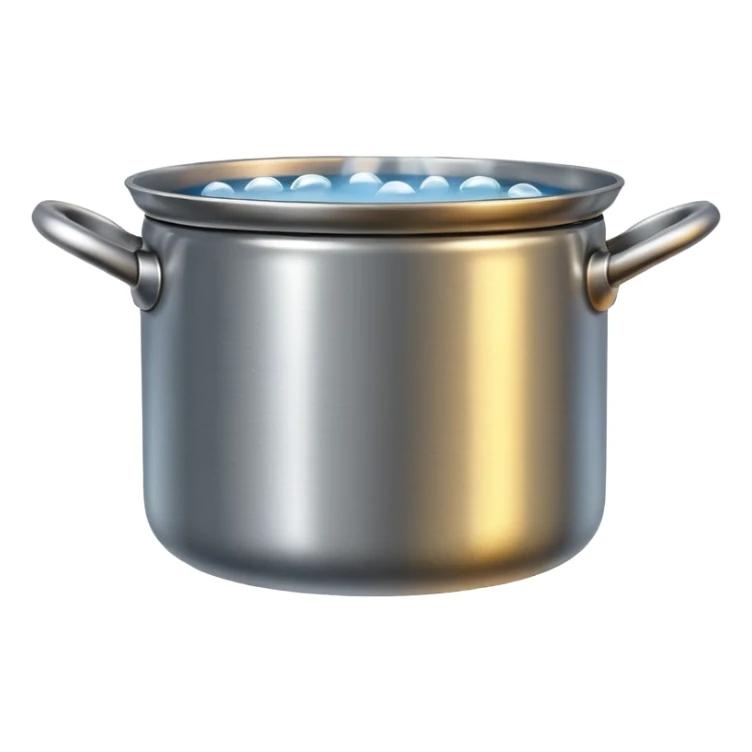 small metal pot filled with boiling water on a stove, visible hot steam and rising bubbles, realistic heat effect, shiny pot surface, bright lighting, clean white background

 sticker