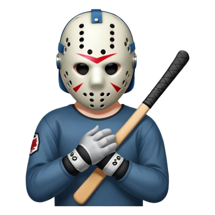 a cartoon image of Jason Voorhees, looking cute, with his hands clasped in front of him, at a sideways angle sticker