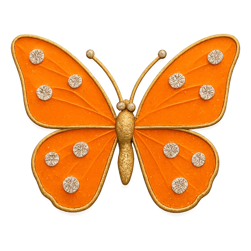 single tangerine orange butterfly, bright orange enamel, sparkling gems, transparent background sticker