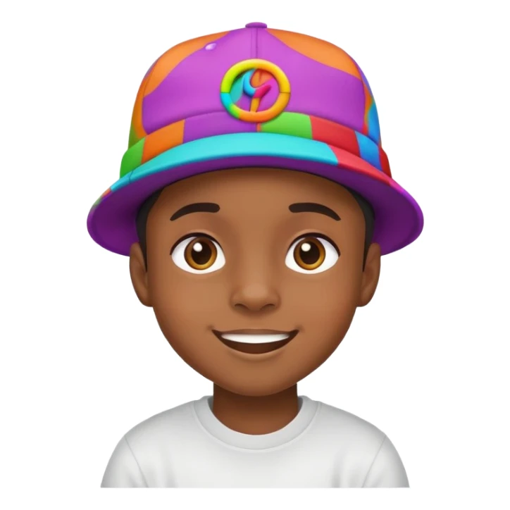 black kid with a colorful hiphop hat, happy face sticker