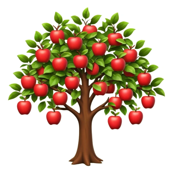A 3D cartoon apple tree with red apples hanging from its branches, lush green leaves, bright daylight, Memoji-style realism. sticker