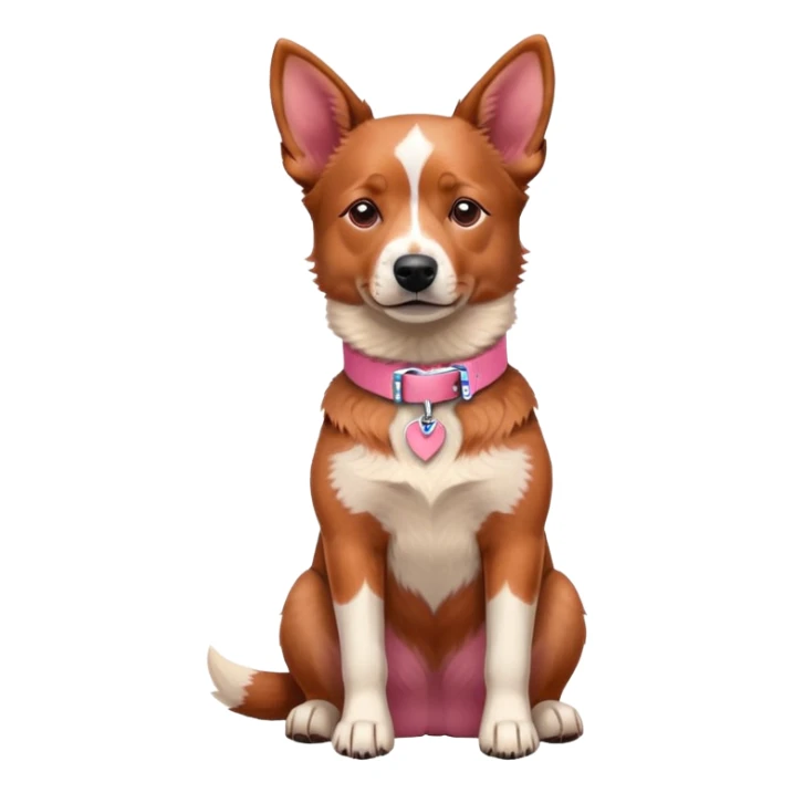 Australian red heeler dog sitting down facing forward, with a pink collar around neck sticker