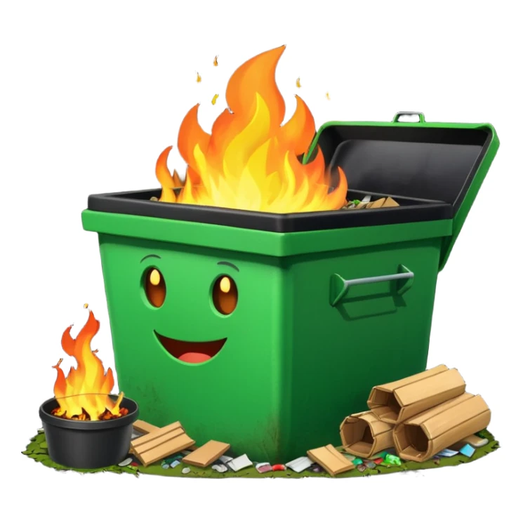 Bright green happy dumpster with an open black lid and a large fire burning only inside it. there is litter and trash on the ground around it not burning sticker