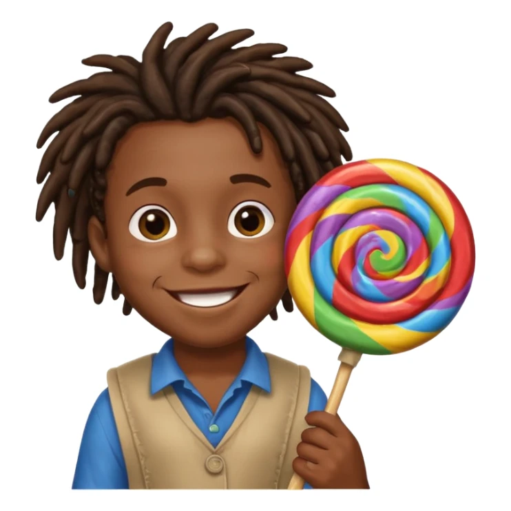 A small black dread lock hair boy holding a giant lollipop, smiling with sticky cheeks. sticker