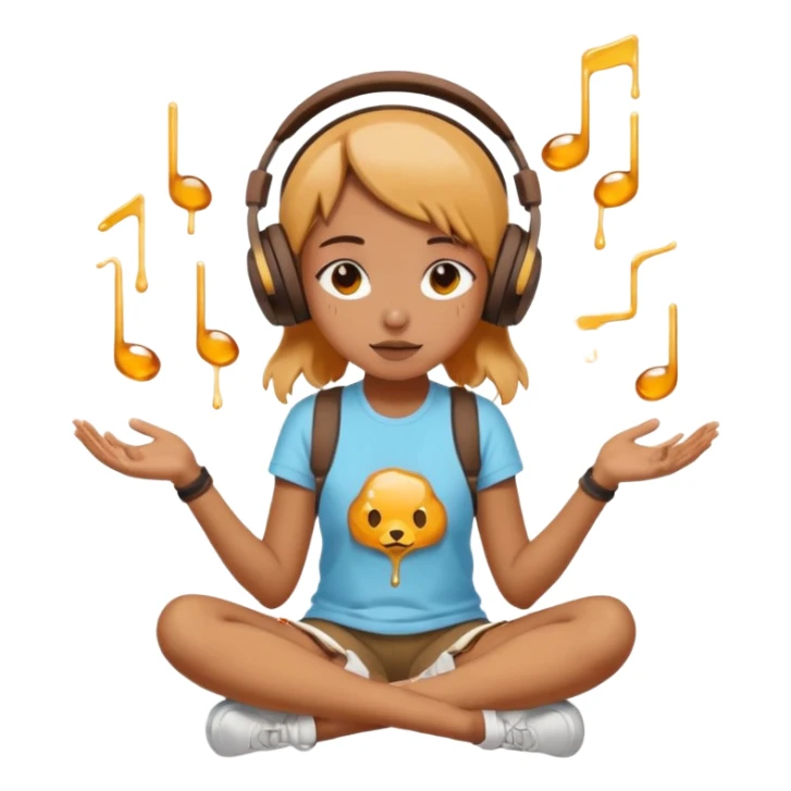 This girl(🧘🏻‍♀️) is sitting cross-legged in a meditation pose, wearing headphones(🎧) and listening to music. The song is so good that honey is dripping from her ears, and her expression is completely dazed because she’s enjoying the music so much. sticker