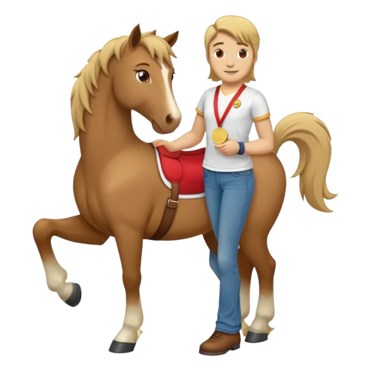 friendly anthropomorphised stallion in jeans and a t-shirt, standard pose, wearing a gold medal sticker