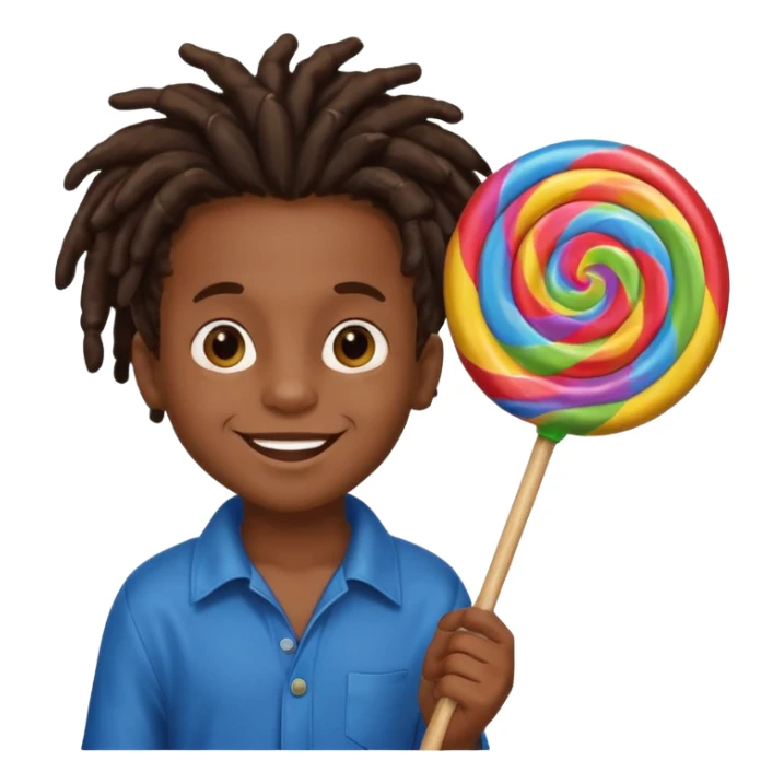 A small black dread lock hair boy holding a giant lollipop, smiling with sticky cheeks. sticker