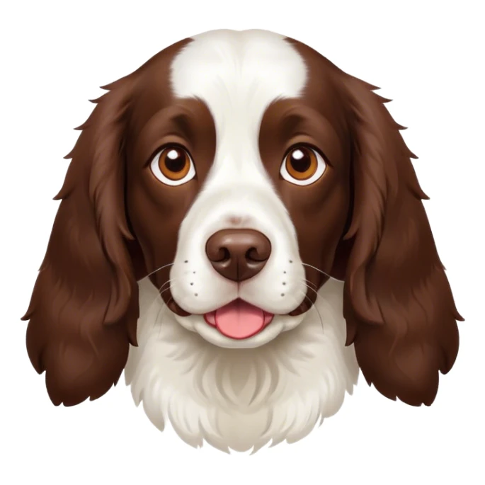 Cinematic Cute Springer Spaniel Portrait Emoji, Head tilted playfully and inquisitively, featuring a vibrant Fur of liver and white with a natural sheen, round, sparkling brown eyes filled with curiosity, Simplified yet irresistibly adorable features, highly detailed, glowing with a warm, friendly glow, high shine, affectionate and lively, stylized with a touch of whimsy, bright and endearing, soft glowing outline, capturing the essence of a mischievous yet loving pup, so playful it feels like it could frolic out of the screen and into your arms! sticker