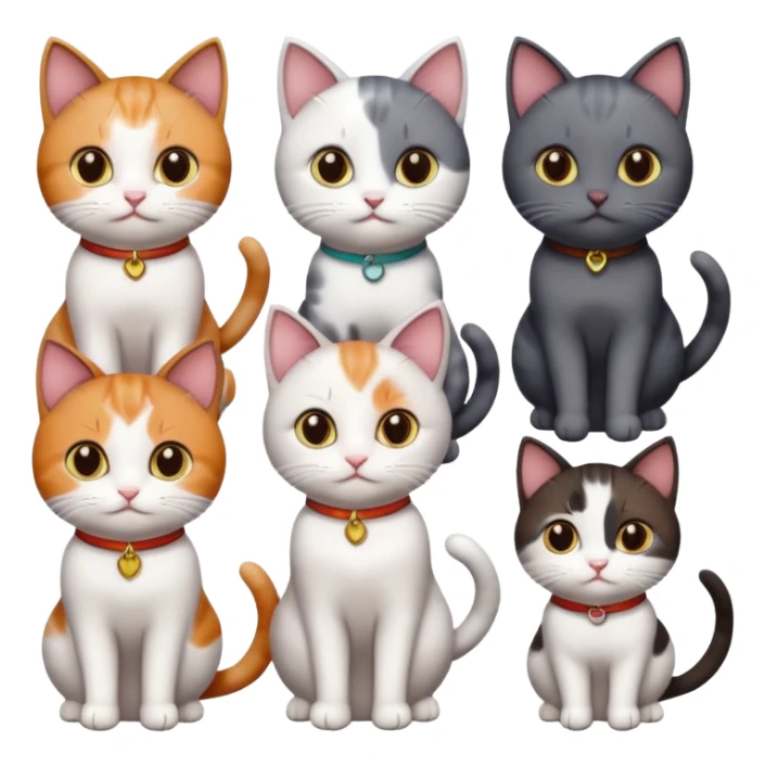 5 different coloured short haired cats including; a dark brown and white cat, and a dark grey and white, and a calico sticker