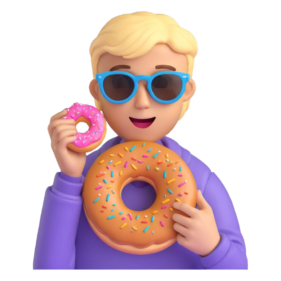 Add sunglasses to Justin Bieber while he holds a donut, keep 3D emoji style, no background, sunglasses added on face, donut in hand visible clearly. sticker